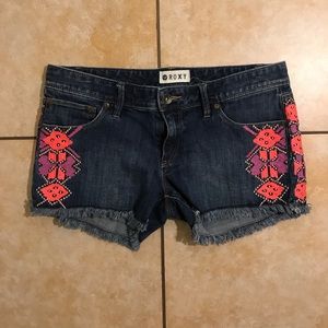Roxy Pink/Purple Tribal Embroidered Jean Shorts 29